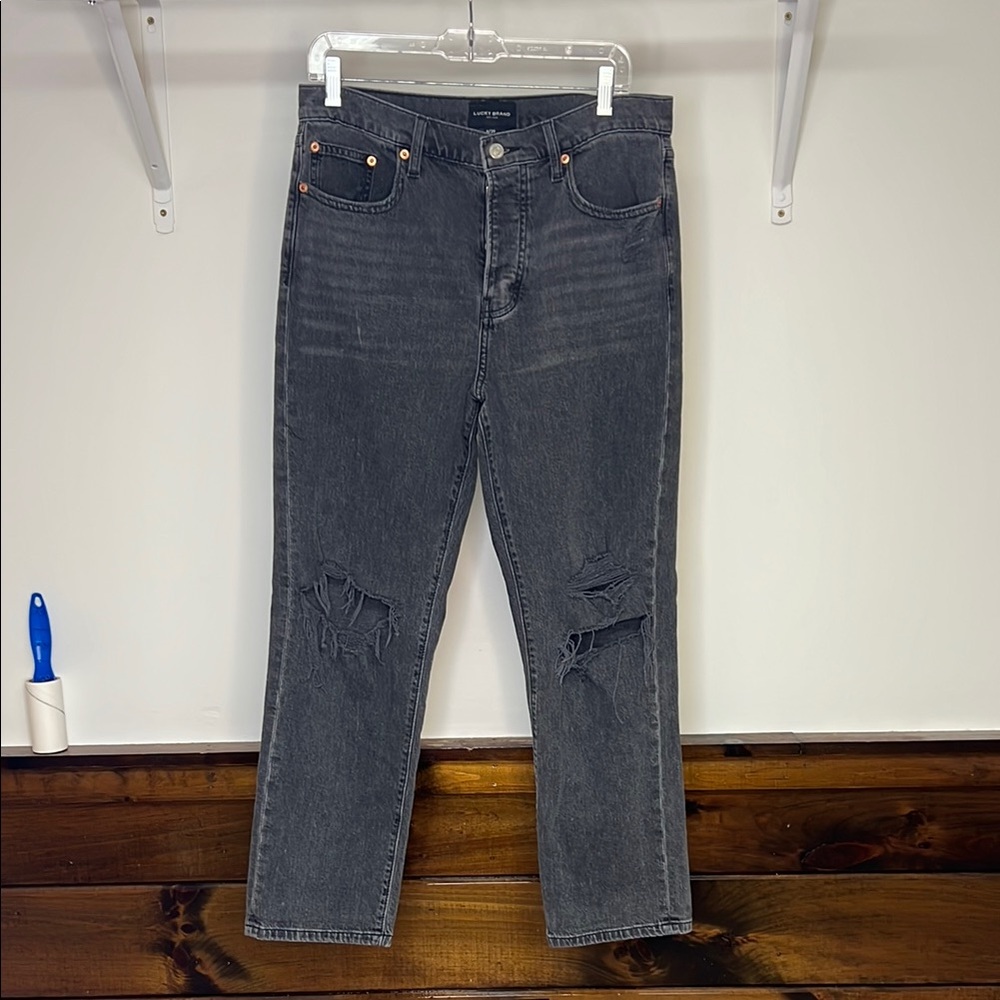 Lucky Brand 90’s Loose High Rise Straight Distressed Jeans w/ Buttonfly- 8